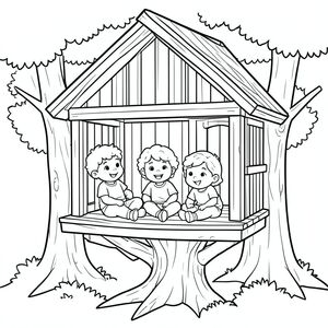 the three kids are relaxing in their treehouse, cozy and happy, vector style, black and white, coloring book page, no shading, thick clean outlines, white background