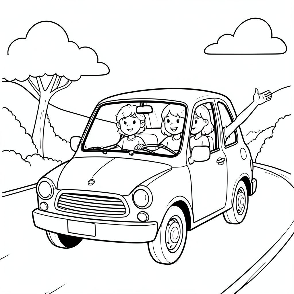 The trio traveling back home in a small car, road trip, waving, vector style, black and white, coloring book page, no shading, thick clean outlines, white background