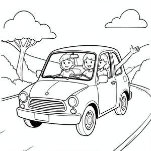 The trio traveling back home in a small car, road trip, waving, vector style, black and white, coloring book page, no shading, thick clean outlines, white background