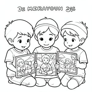 the three kids are looking at photos from their adventure, remembering fun moments, vector style, black and white, coloring book page, no shading, thick clean outlines, white background