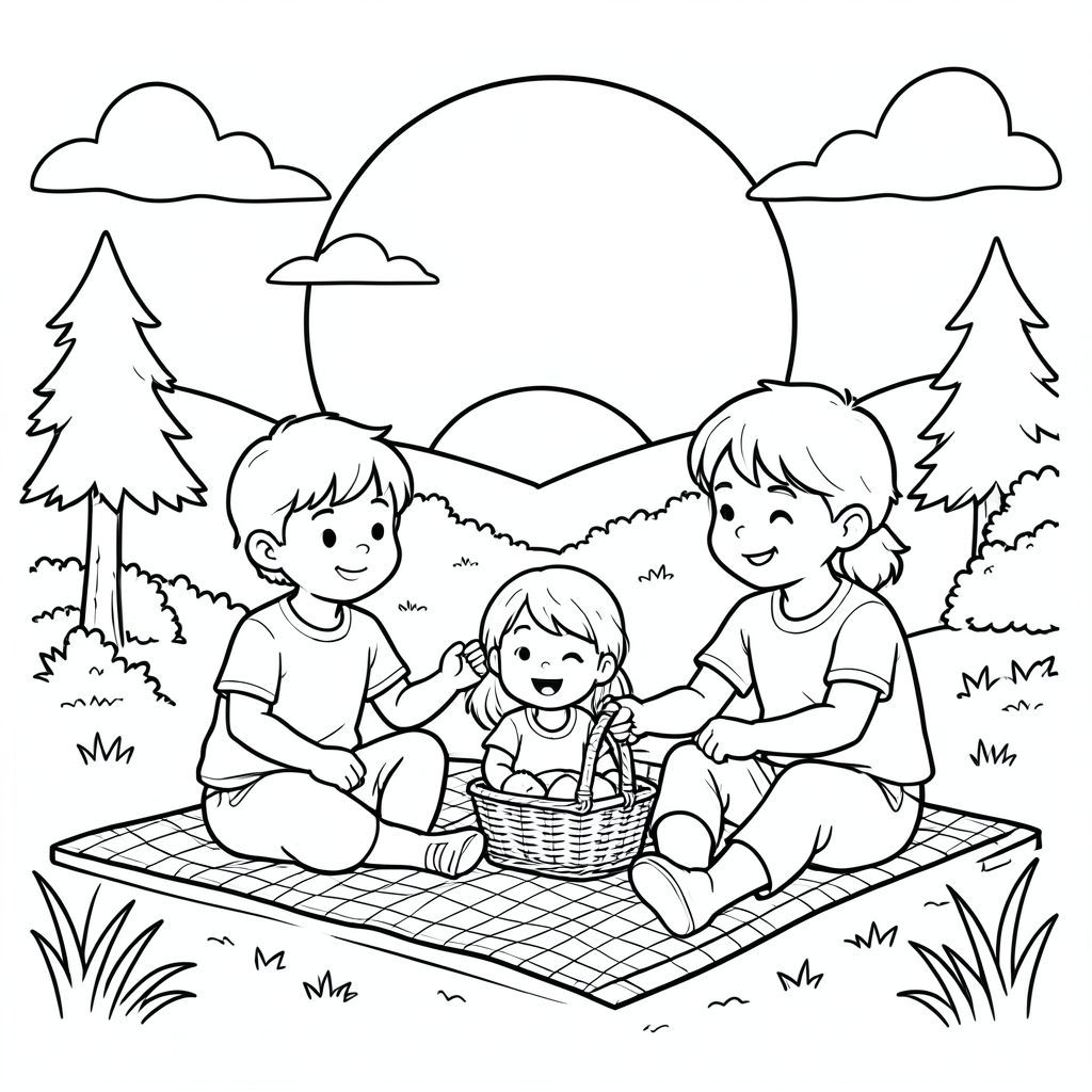 The trio having a picnic at sunset after their adventure, peaceful scene, vector style, black and white, coloring book page, no shading, thick clean outlines, white background