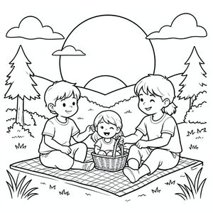 The trio having a picnic at sunset after their adventure, peaceful scene, vector style, black and white, coloring book page, no shading, thick clean outlines, white background