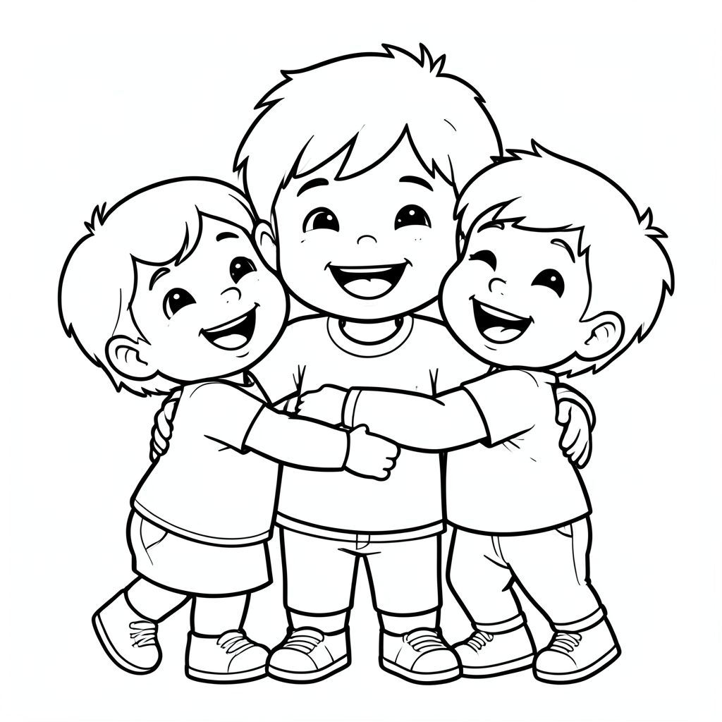 the three kids are hugging and celebrating their friendship, happy ending scene, vector style, black and white, coloring book page, no shading, thick clean outlines, white background