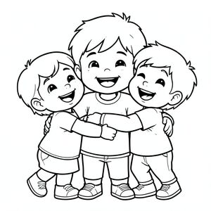 the three kids are hugging and celebrating their friendship, happy ending scene, vector style, black and white, coloring book page, no shading, thick clean outlines, white background
