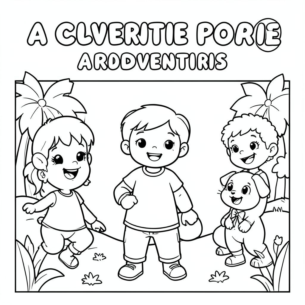 i want a cover page for three kids adventure kids friendly in a cute style