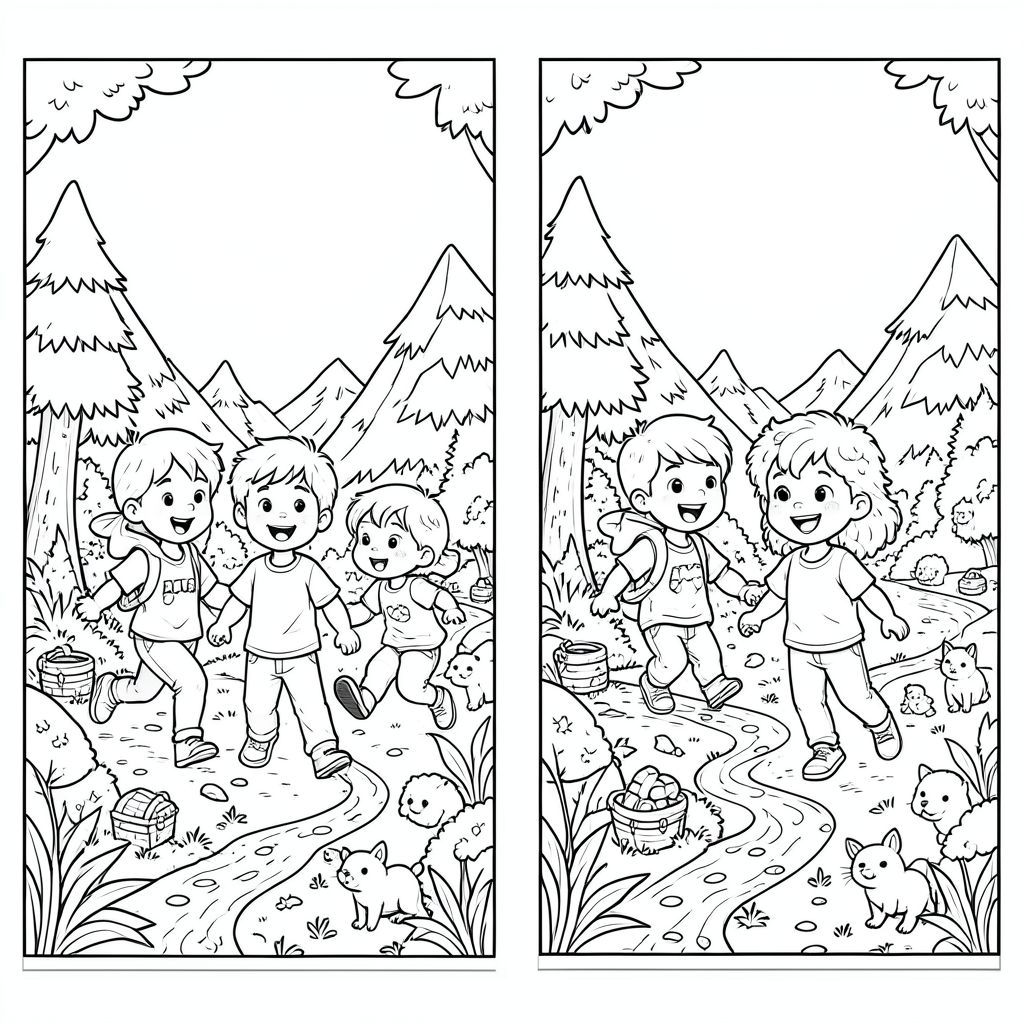 "Thiết kế bìa trước và sau chất lượng cao cho sách tô màu dành cho trẻ em. Chủ đề là phiêu lưu và khám phá.

Bìa trước:
Minh họa ba nhân vật chính của trẻ em (đa dạng và biểu cảm: một bé trai, một bé gái và một bé nhỏ) cùng nhau tham gia vào một cuộc phiêu lưu thú vị. Họ đang khám phá một cảnh quan kỳ diệu chứa đầy các yếu tố thú vị như rừng, núi, sông, kho báu ẩn giấu, động vật dễ thương và những con đường bí ẩn. Những đứa trẻ nên trông tò mò, dũng cảm và hạnh phúc. Phong cách phải rõ ràng là nghệ thuật đường nét đen trắng phù hợp để tô màu (không đổ bóng, đường viền đậm, thân thiện với trẻ em). Để lại khoảng trống cho một tựa game lớn ở trên cùng.

Phong cách tổng thể:
– Nghệ thuật đường nét đen trắng (phong cách sách tô màu)
– Đường viền dày, sạch sẽ
– Không có thang độ xám hoặc bóng mờ
– Hay thay đổi, vui nhộn và giàu trí tưởng tượng
– Thích hợp cho trẻ em từ 4–10 tuổi
– Độ phân giải cao, sẵn sàng in (300 DPI)
– Bố cục bìa bọc đầy đủ (phía trước + cột sống + mặt sau)
- Kích thước: 8.5 x 11 inch (hoặc tương tự)

Làm cho bố cục cân bằng và hấp dẫn, với cách kể chuyện rõ ràng và nhiều chi tiết nhỏ để tô màu."