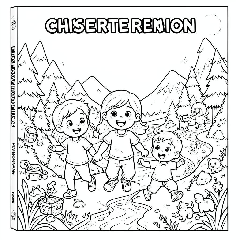 Bìa trước:
Minh họa ba nhân vật chính của trẻ em (đa dạng và biểu cảm: một bé trai, một bé gái và một bé nhỏ) cùng nhau tham gia vào một cuộc phiêu lưu thú vị. Họ đang khám phá một cảnh quan kỳ diệu chứa đầy các yếu tố thú vị như rừng, núi, sông, kho báu ẩn giấu, động vật dễ thương và những con đường bí ẩn. Những đứa trẻ nên trông tò mò, dũng cảm và hạnh phúc. Phong cách phải rõ ràng là nghệ thuật đường nét đen trắng phù hợp để tô màu (không đổ bóng, đường viền đậm, thân thiện với trẻ em). Để lại khoảng trống cho một tựa game lớn ở trên cùng.

Phong cách tổng thể:
– Nghệ thuật đường nét đen trắng (phong cách sách tô màu)
– Đường viền dày, sạch sẽ
– Không có thang độ xám hoặc bóng mờ
– Hay thay đổi, vui nhộn và giàu trí tưởng tượng
– Thích hợp cho trẻ em từ 4–10 tuổi
– Độ phân giải cao
– Bố cục bìa bọc đầy đủ (phía trước + cột sống + mặt sau)

Làm cho bố cục cân bằng và hấp dẫn, với cách kể chuyện rõ ràng và nhiều chi tiết nhỏ để tô màu."