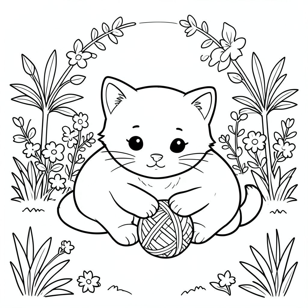 cute cat playing with yarn ball in garden