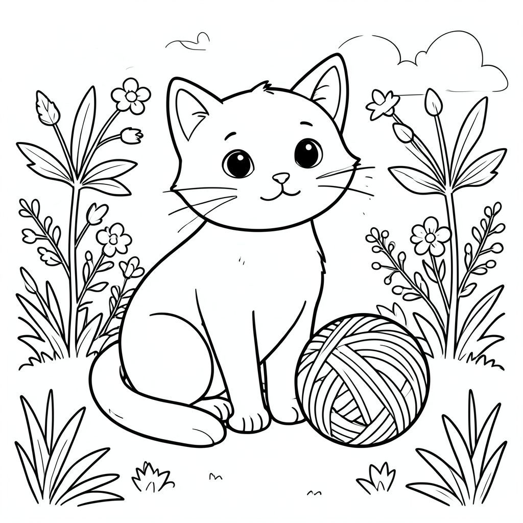 cutr cat sitting next to a yarn ball in garden