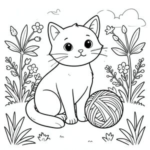 cutr cat sitting next to a yarn ball in garden