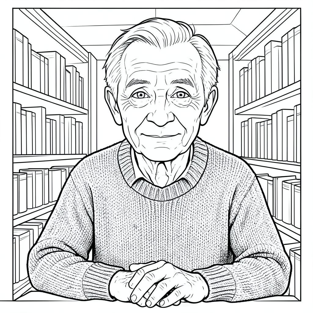 Candid portrait of an elderly man with deep wrinkles and kind eyes, wearing a weathered wool sweater, sitting in a dimly lit library. Soft ambient light, shot on Sony A7R IV, 85mm f/1.8 lens, sharp focus on eyes, 8k resolution, photorealistic, — ar 4:5 — style raw