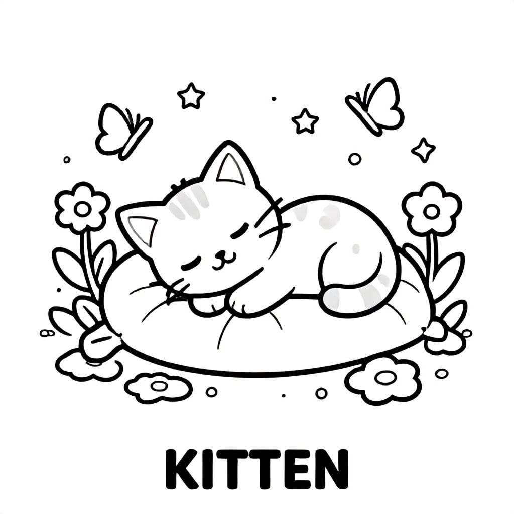 Adorable baby kitten sleeping on a soft pillow in a magical flower garden, butterflies and tiny stars around, centered composition, simple bold clean thick outlines, black and white only, no shading, no gray, no color, white background, large easy spaces for coloring, kid-friendly, coloring book page style, perfectly balanced layout, high resolution, TEXT AT BOTTOM CENTER:  "KITTEN" in clear bold uppercase letters