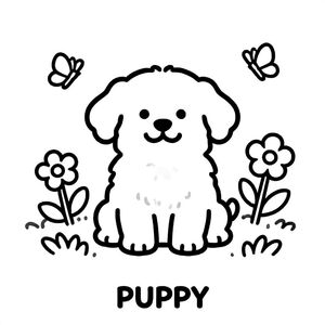 Cute happy golden puppy sitting in a field of flowers with butterflies flying, smiling face, centered, simple thick outlines, black and white only, no shading, white background, large coloring spaces, clean composition, TEXT AT BOTTOM CENTER: "PUPPY"