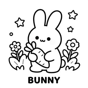 Adorable bunny holding a carrot in a magical garden with flowers and stars, centered layout, bold outlines, black and white only, no gray, simple shapes, TEXT AT BOTTOM CENTER: "BUNNY"