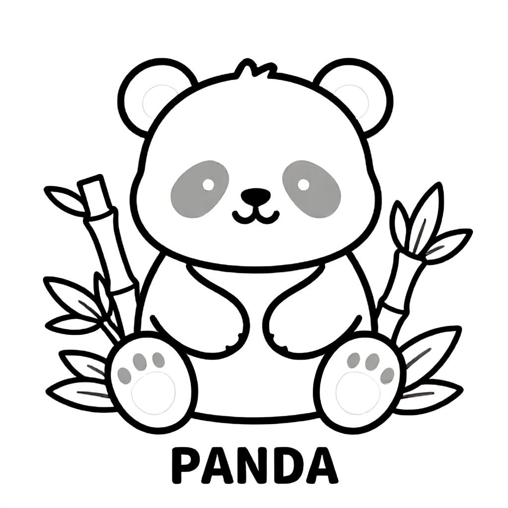 Cute panda sitting and holding bamboo with leaves around, centered composition, thick clean lines, black and white only, no shading, white background, TEXT AT BOTTOM CENTER: "PANDA"