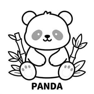Cute panda sitting and holding bamboo with leaves around, centered composition, thick clean lines, black and white only, no shading, white background, TEXT AT BOTTOM CENTER: "PANDA"