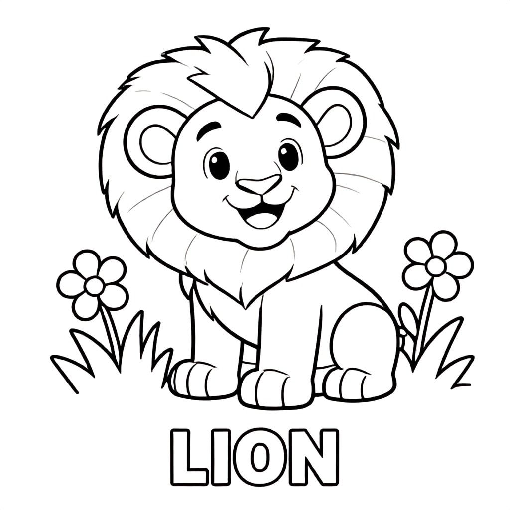 Baby lion cub smiling and sitting in grass with flowers, simple bold outlines, black and white only, no color, large shapes, TEXT AT BOTTOM CENTER: "LION"