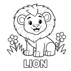 Baby lion cub smiling and sitting in grass with flowers, simple bold outlines, black and white only, no color, large shapes, TEXT AT BOTTOM CENTER: "LION"