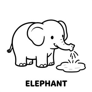 Cute elephant spraying water with trunk near small pond, simple shapes, thick outlines, black and white only, white background, TEXT AT BOTTOM CENTER: "ELEPHANT"