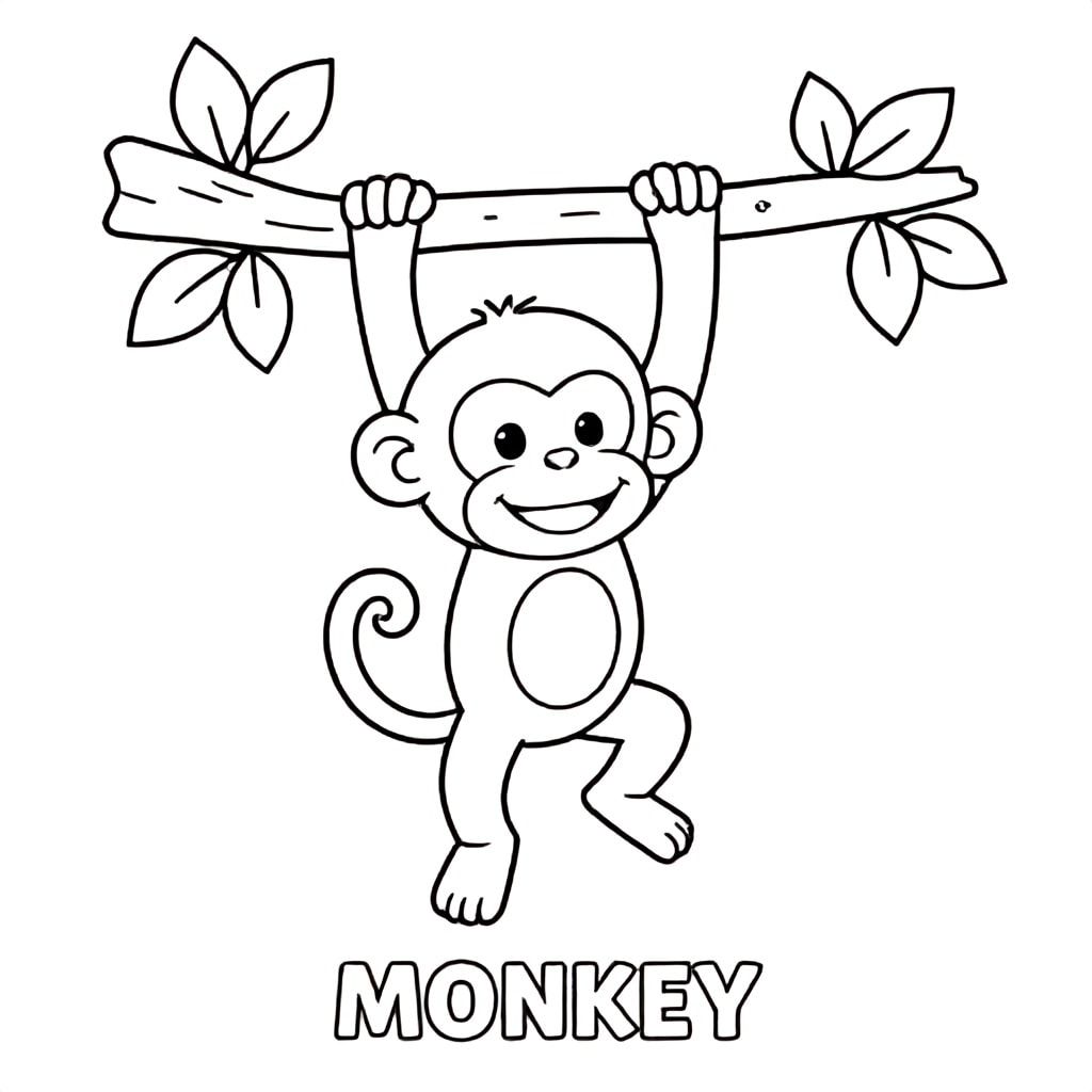 Little monkey swinging from a tree branch with leaves, smiling, centered, bold lines, black and white only, TEXT AT BOTTOM CENTER: "MONKEY"