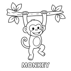 Little monkey swinging from a tree branch with leaves, smiling, centered, bold lines, black and white only, TEXT AT BOTTOM CENTER: "MONKEY"