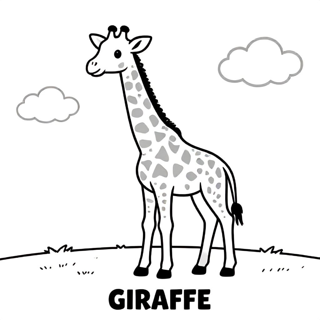 Baby giraffe standing in open savanna with clouds, long neck, simple shapes, bold outlines, black and white only, TEXT AT BOTTOM CENTER: "GIRAFFE"