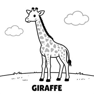 Baby giraffe standing in open savanna with clouds, long neck, simple shapes, bold outlines, black and white only, TEXT AT BOTTOM CENTER: "GIRAFFE"