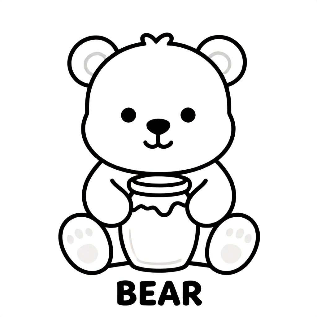Cute baby bear holding a honey jar, sitting, simple thick lines, black and white only, TEXT AT BOTTOM CENTER: "BEAR"