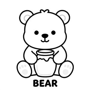 Cute baby bear holding a honey jar, sitting, simple thick lines, black and white only, TEXT AT BOTTOM CENTER: "BEAR"