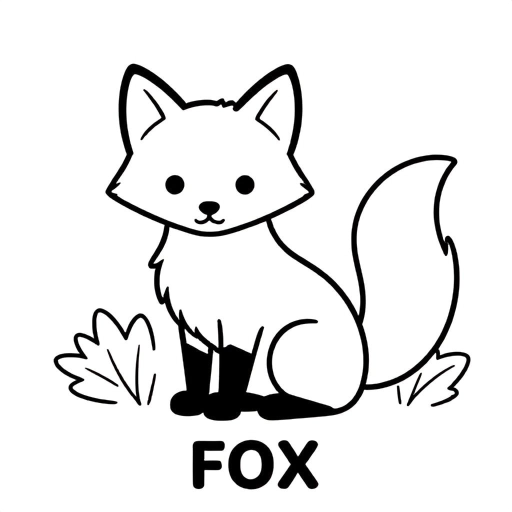 Friendly fox sitting with fluffy tail and leaves around, simple outlines, black and white only, TEXT AT BOTTOM CENTER: "FOX"