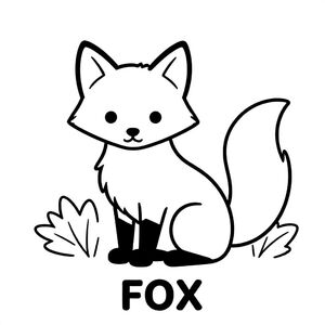 Friendly fox sitting with fluffy tail and leaves around, simple outlines, black and white only, TEXT AT BOTTOM CENTER: "FOX"