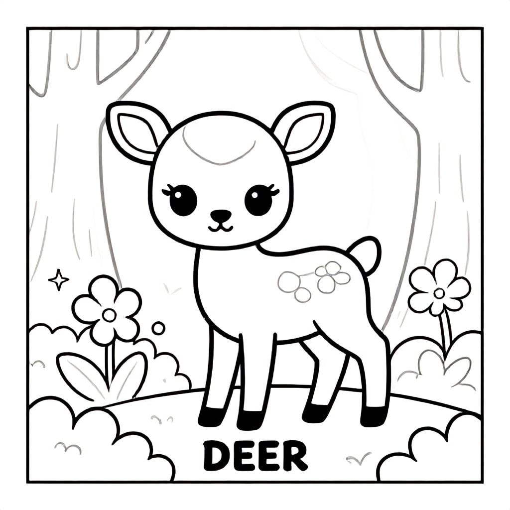 Cute baby deer standing in magical forest with flowers, big eyes, bold outlines, black and white only, TEXT AT BOTTOM CENTER: "DEER"