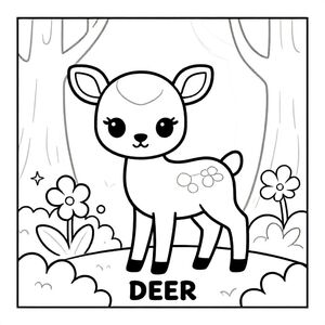 Cute baby deer standing in magical forest with flowers, big eyes, bold outlines, black and white only, TEXT AT BOTTOM CENTER: "DEER"