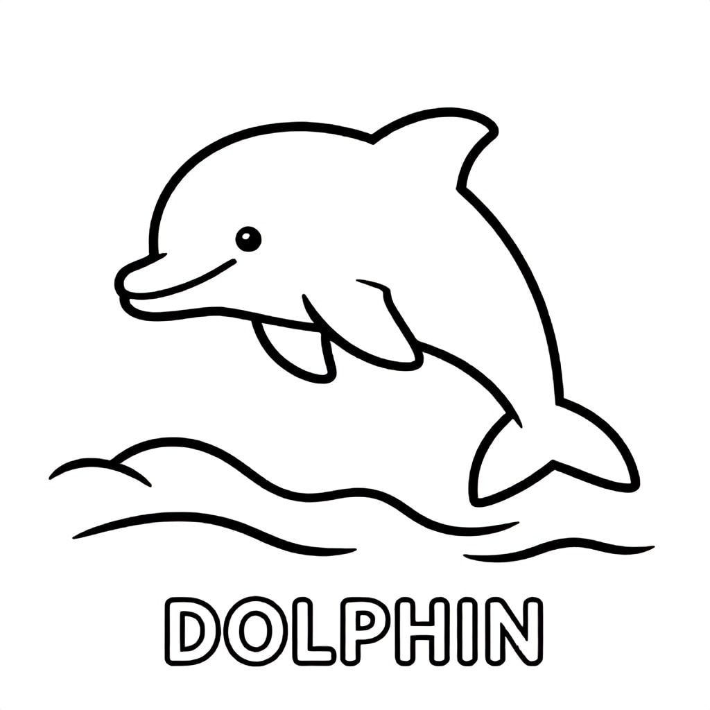 Happy dolphin jumping out of water with waves, simple curves, bold lines, black and white only, TEXT AT BOTTOM CENTER: "DOLPHIN"