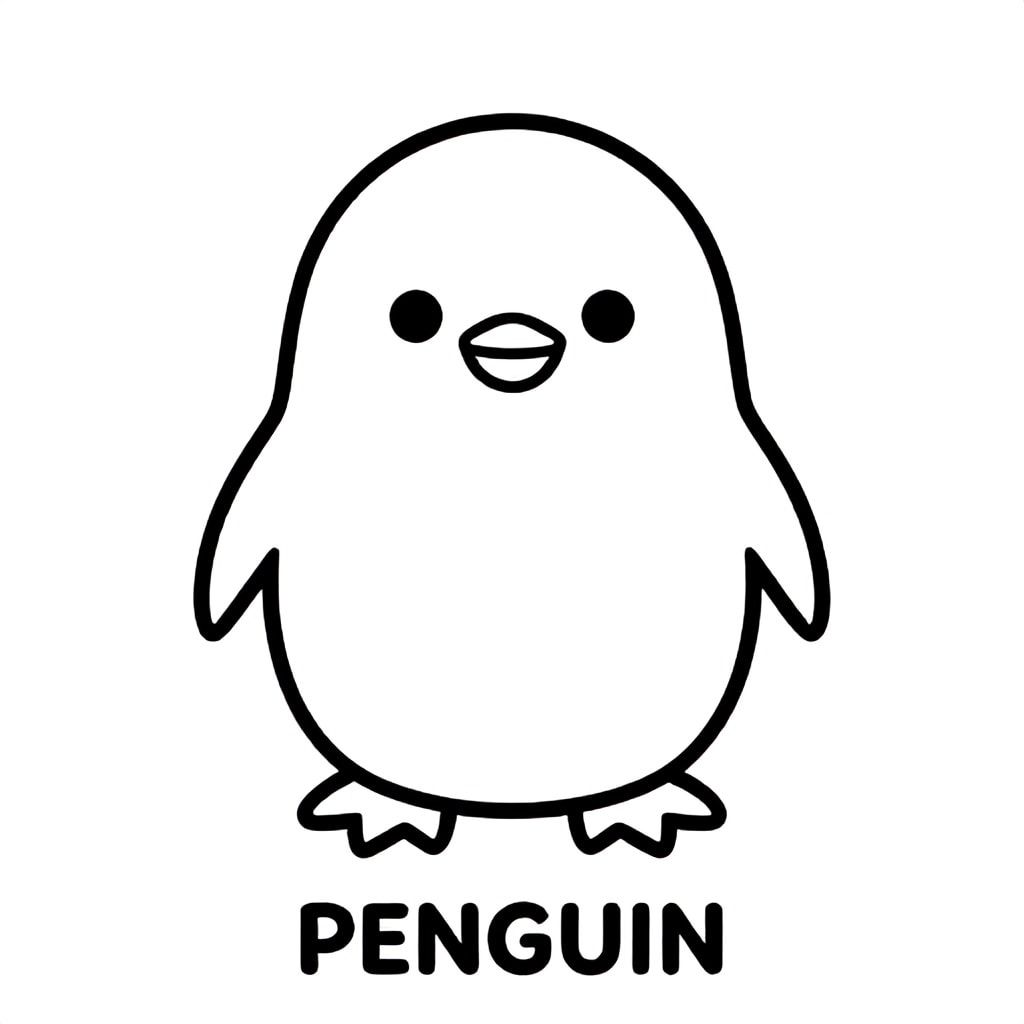 Cute penguin standing on ice smiling, simple shapes, bold outlines, black and white only, TEXT AT BOTTOM CENTER: "PENGUIN"