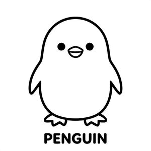 Cute penguin standing on ice smiling, simple shapes, bold outlines, black and white only, TEXT AT BOTTOM CENTER: "PENGUIN"