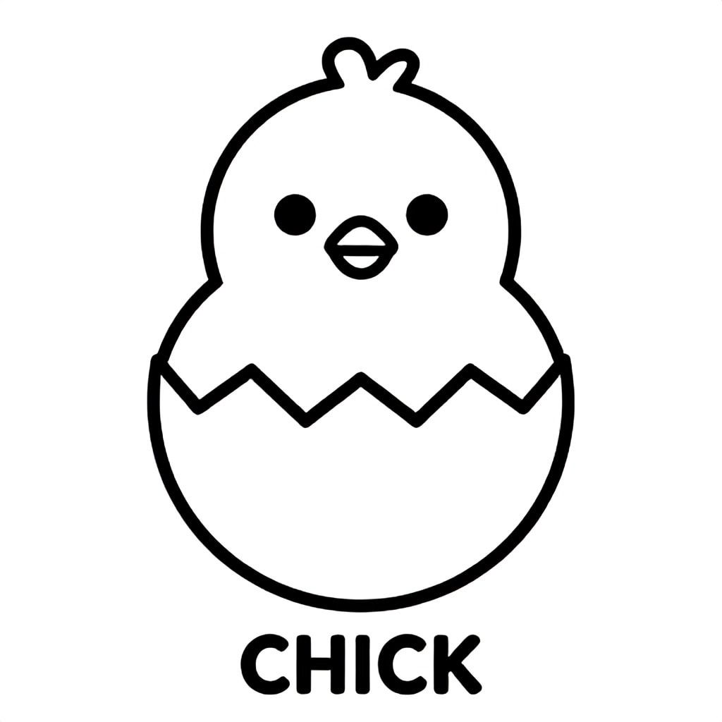 Little chick hatching from egg, simple bold outlines, black and white only, TEXT AT BOTTOM CENTER: "CHICK"
