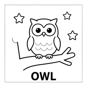 Cute owl sitting on tree branch with stars, simple lines, black and white only, TEXT AT BOTTOM CENTER: "OWL"