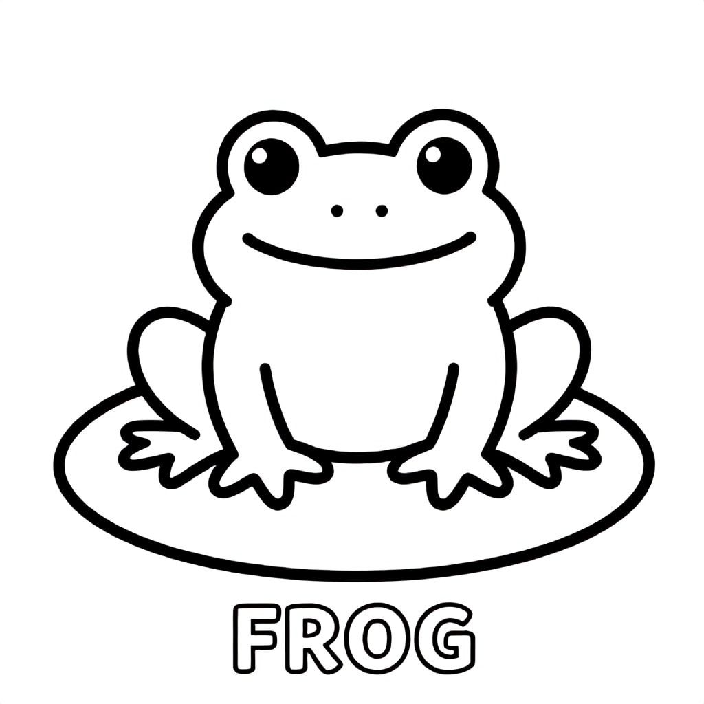  Little frog sitting on lily pad smiling, bold outlines, black and white only, TEXT AT BOTTOM CENTER: "FROG"