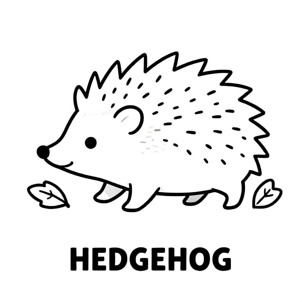 Cute hedgehog walking with leaves around, simple spikes, black and white only, TEXT AT BOTTOM CENTER: "HEDGEHOG"