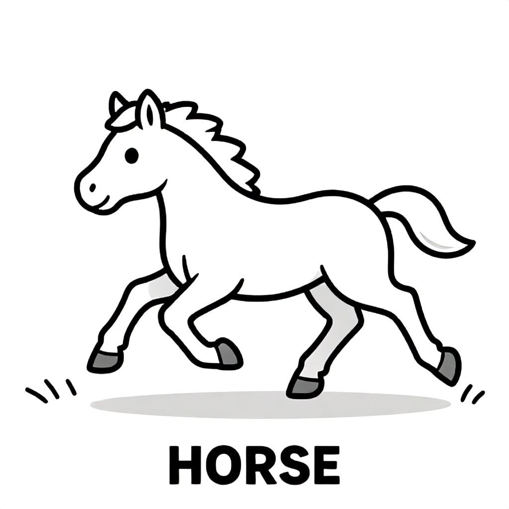 Baby horse running in open field, simple movement lines, bold outlines, black and white only, TEXT AT BOTTOM CENTER: "HORSE"