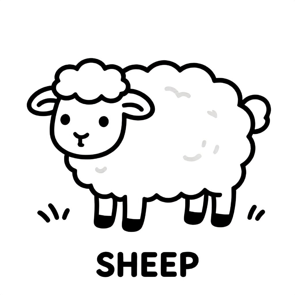 Cute sheep with fluffy wool standing in grass, simple thick lines, black and white only, TEXT AT BOTTOM CENTER: "SHEEP"