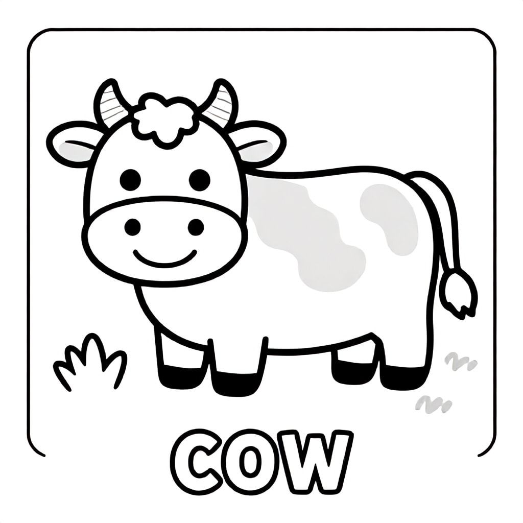 Cute cow smiling in farm with grass, bold outlines, black and white only, TEXT AT BOTTOM CENTER: "COW"