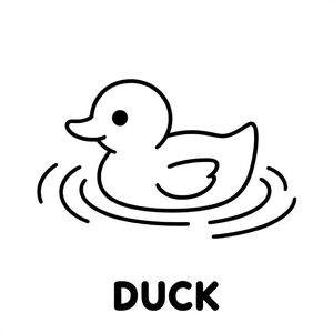 Little duck swimming in pond with water ripples, simple shapes, black and white only, TEXT AT BOTTOM CENTER: "DUCK"