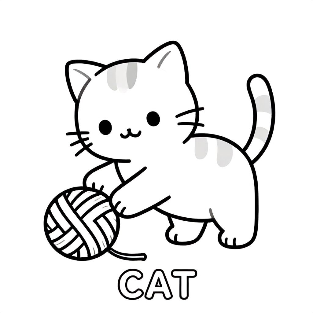 Baby cat playing with yarn ball, simple shapes, bold lines, black and white only, TEXT AT BOTTOM CENTER: "CAT"