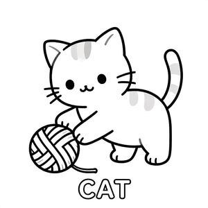 Baby cat playing with yarn ball, simple shapes, bold lines, black and white only, TEXT AT BOTTOM CENTER: "CAT"
