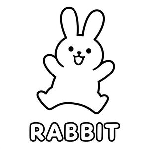 Cute rabbit jumping happily, bold outlines, black and white only, TEXT AT BOTTOM CENTER: "RABBIT"