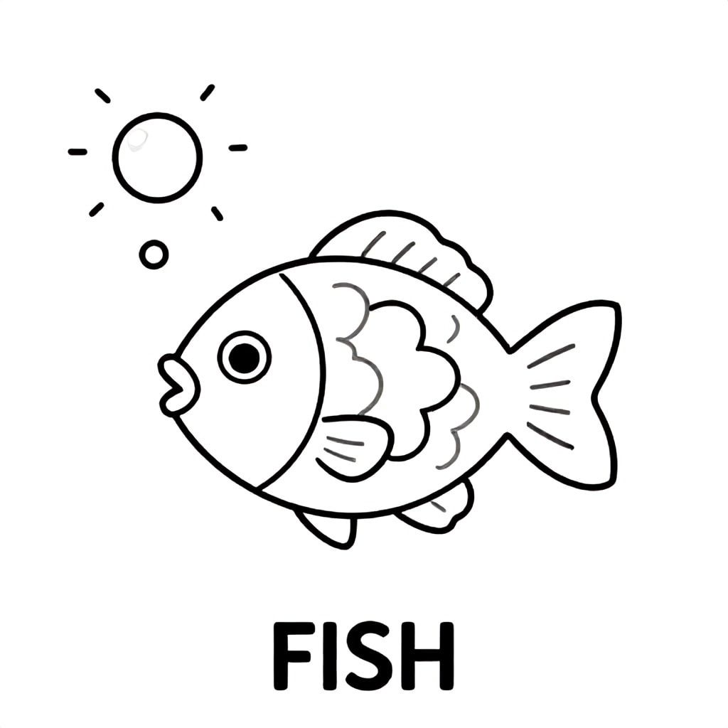 Little fish swimming with bubbles, simple curves, black and white only, TEXT AT BOTTOM CENTER: "FISH"