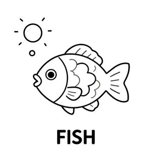 Little fish swimming with bubbles, simple curves, black and white only, TEXT AT BOTTOM CENTER: "FISH"