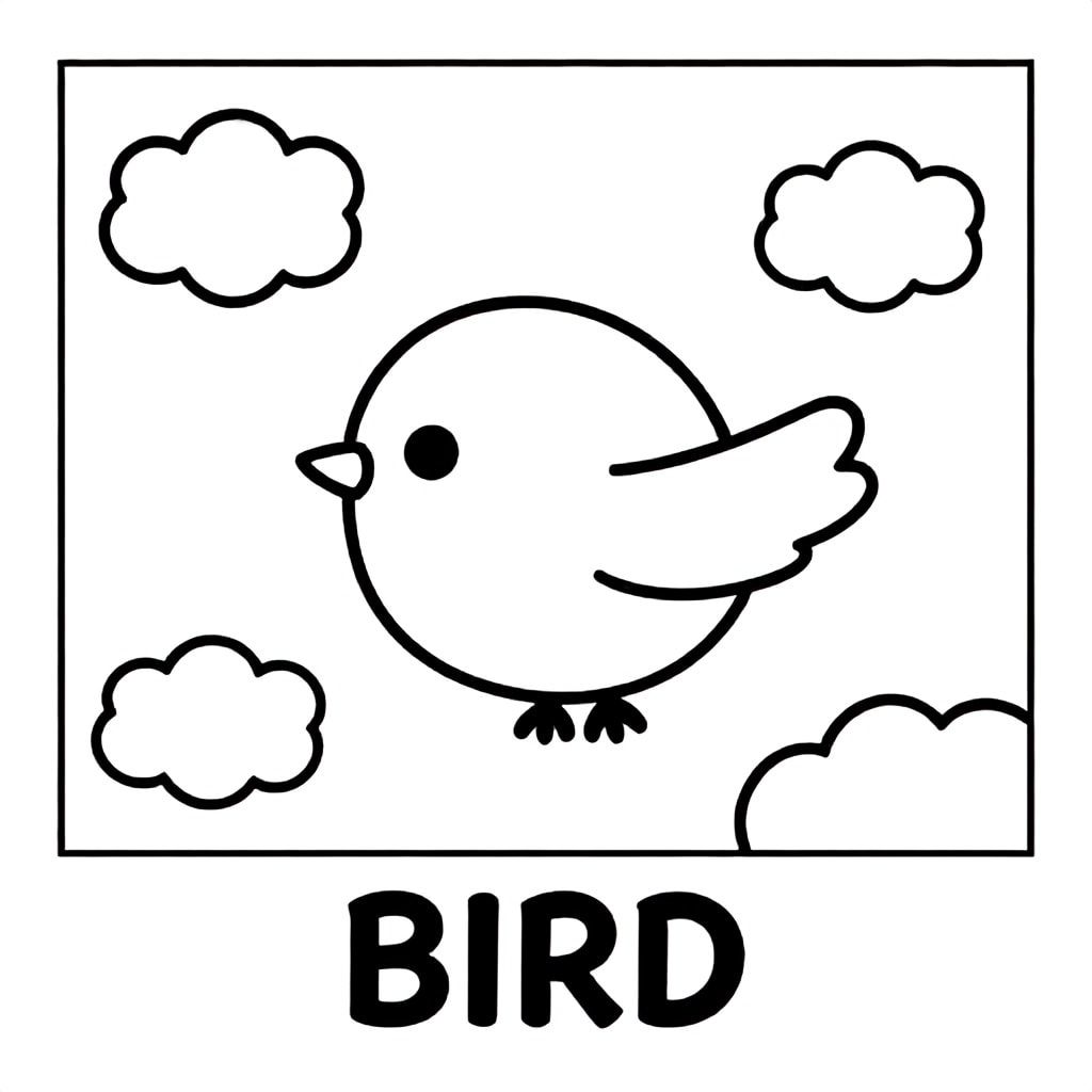 Cute bird flying in sky with clouds, bold outlines, black and white only, TEXT AT BOTTOM CENTER: "BIRD"